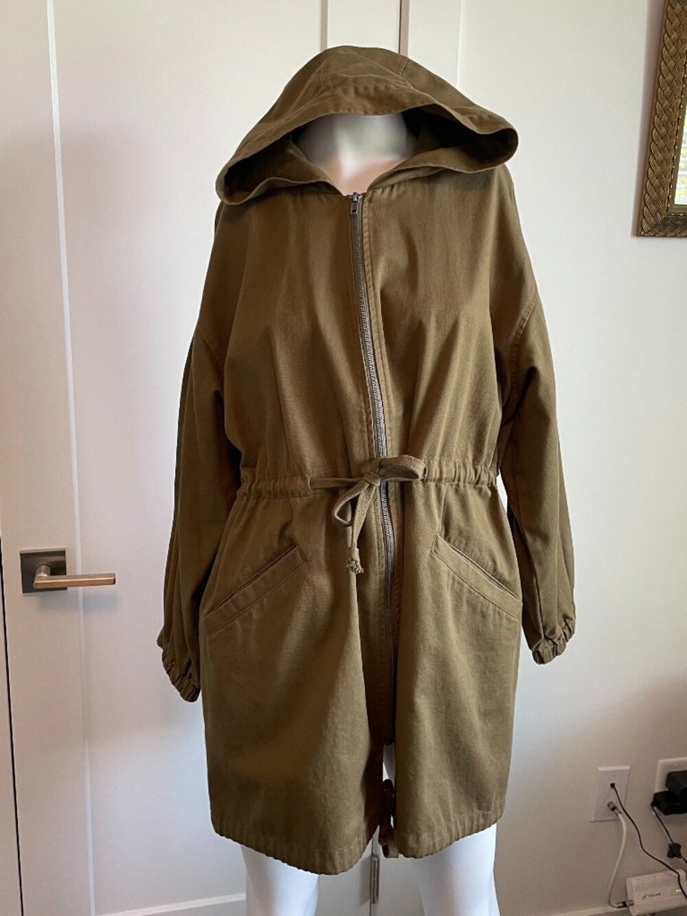 ASOS DESIGN Casual Hooded Cotton Mid Length Full Zip Trench Coat Olive Green 4